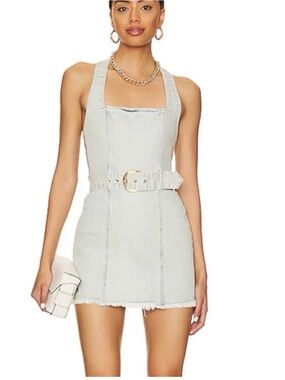 Show Me Your MuMu Light Wash Denim Mini Dress with Belt - Pale Blue